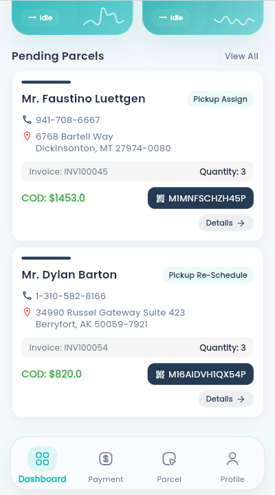 Deliveryman app dashboard recent parcel list