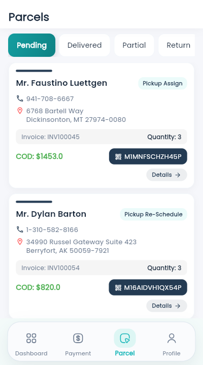 Deliveryman app pending parcels screen