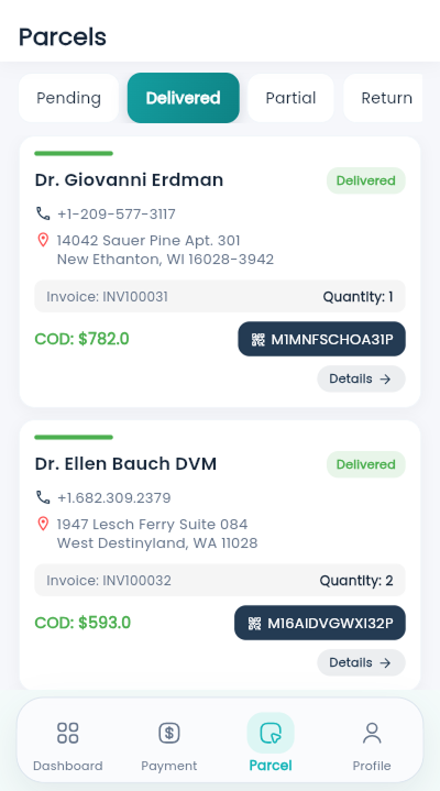 Deliveryman app delivered parcels screen