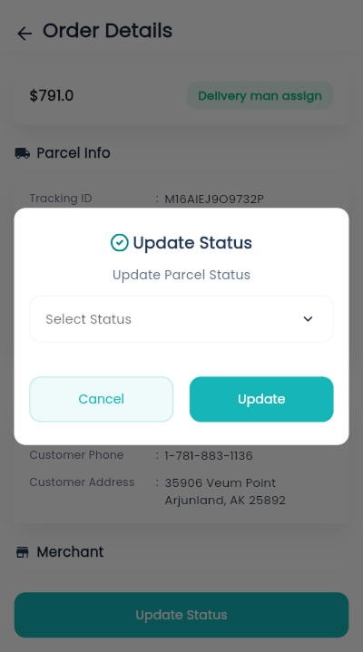 Deliveryman app parcel status update dialog