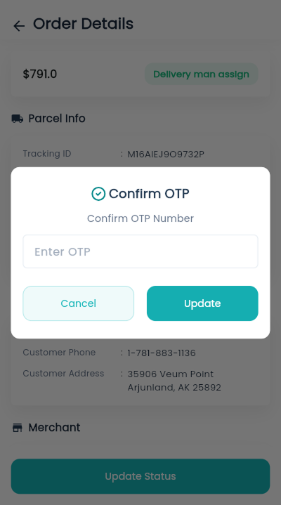 Deliveryman app parcel status OTP confirmation dialog