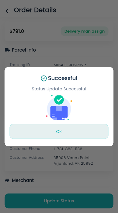 Deliveryman app parcel status success message dialog