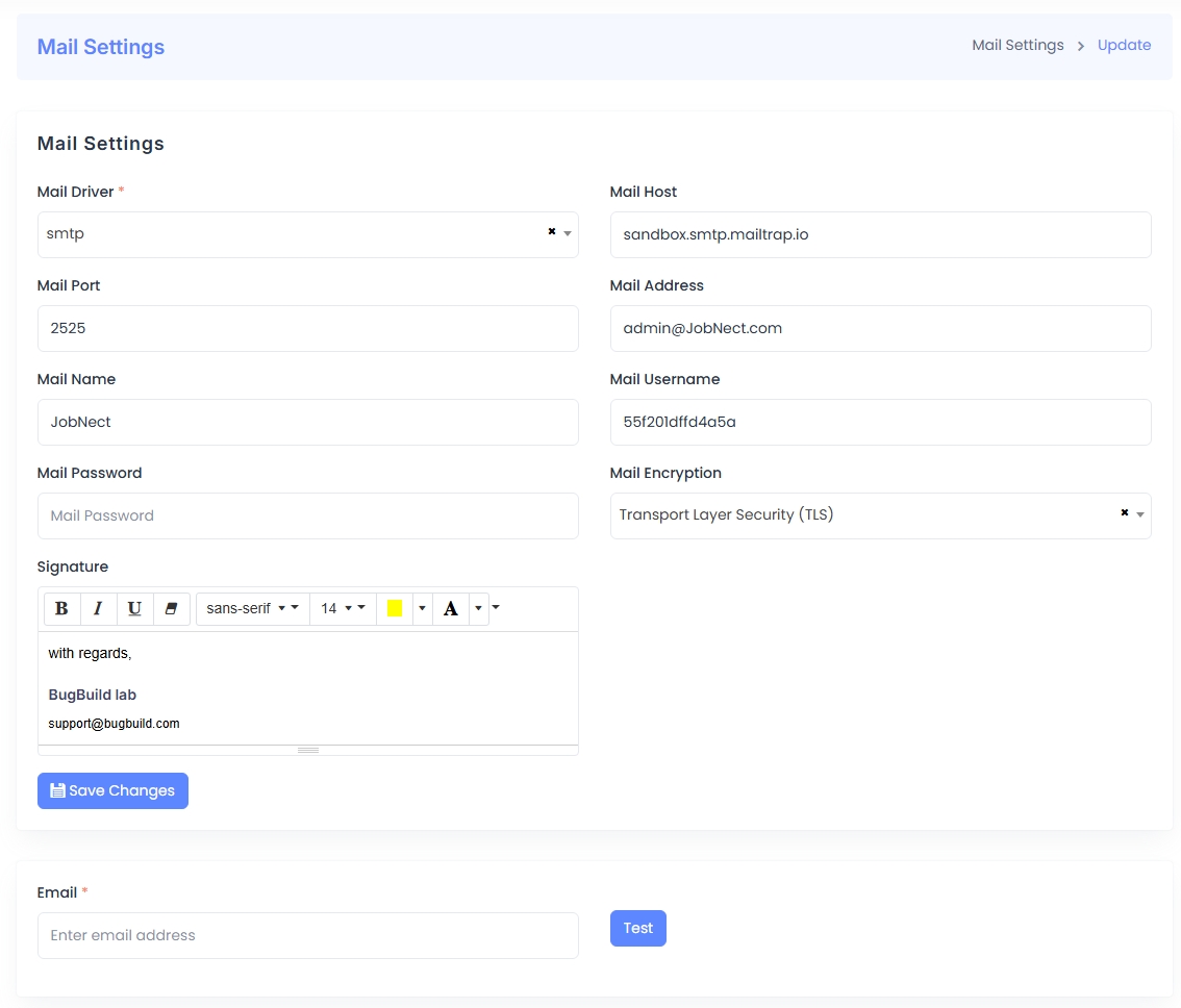 Mail Configuration Panel