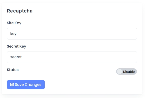 Recaptcha Configuration Panel